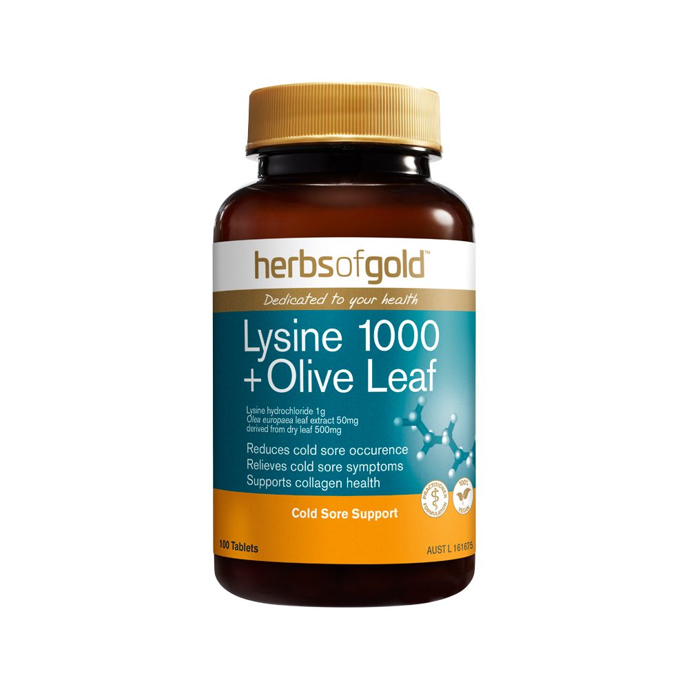 Herbs of Gold Lysine + Olive Leaf 100 Tablets