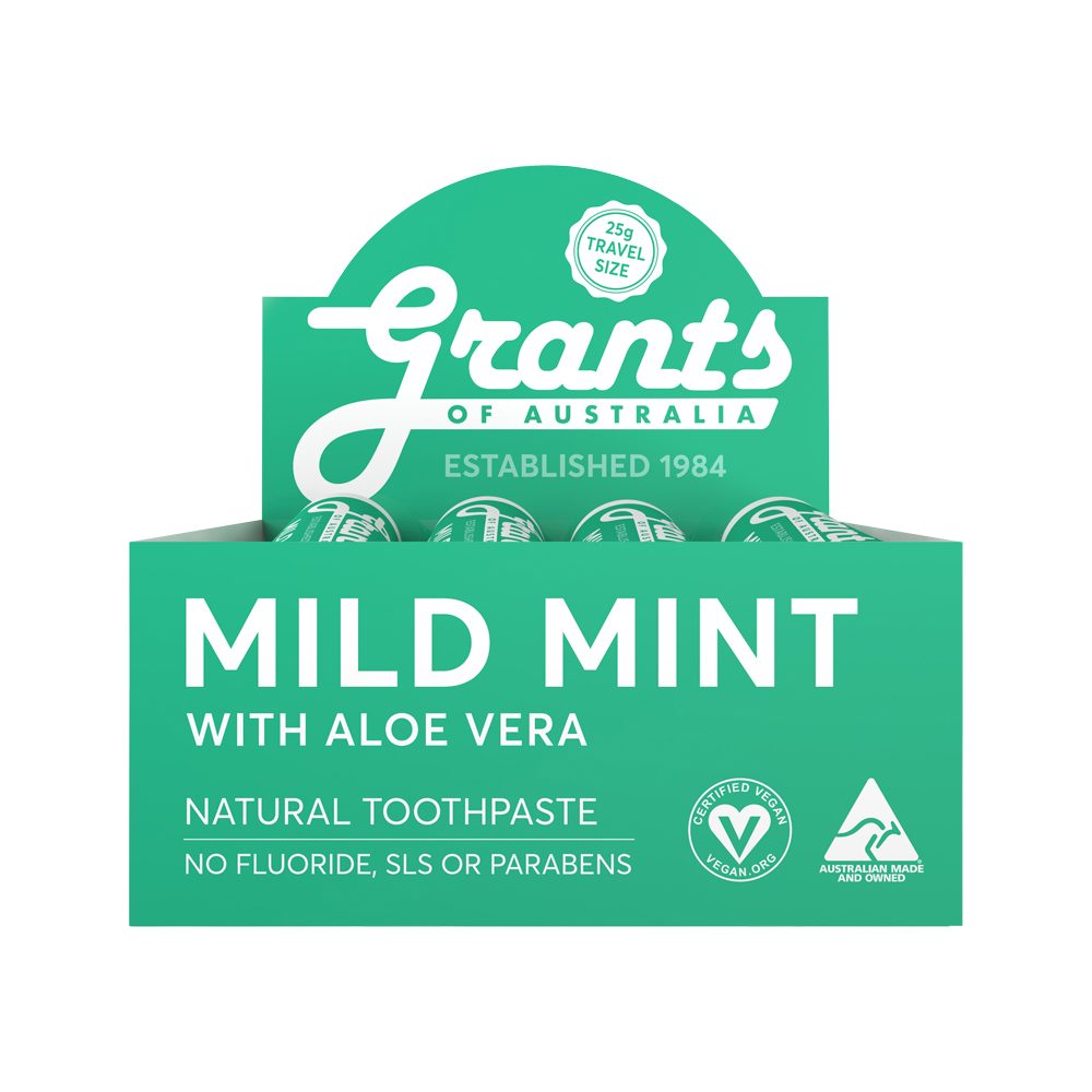 Grants Of Australia Natural Toothpaste Mild Mint with Aloe Vera Travel Size 25g x 12 Pack
