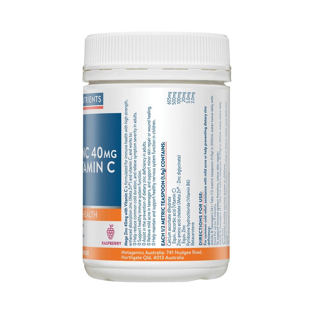 Ethical Nutrients Mega Zinc 40mg Vitamin C Raspberry 190g