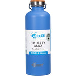 1.6L Cheeki Thirsty Max stainless steel water bottle in Azure blue with a silver screw cap and carry handle.