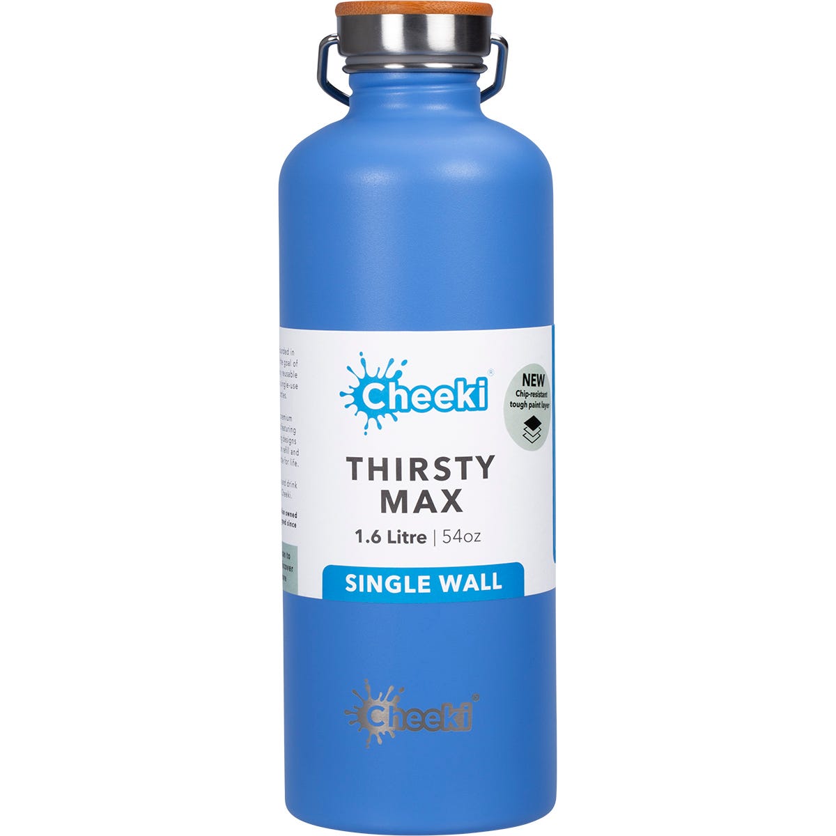 1.6L Cheeki Thirsty Max stainless steel water bottle in Azure blue with a silver screw cap and carry handle.