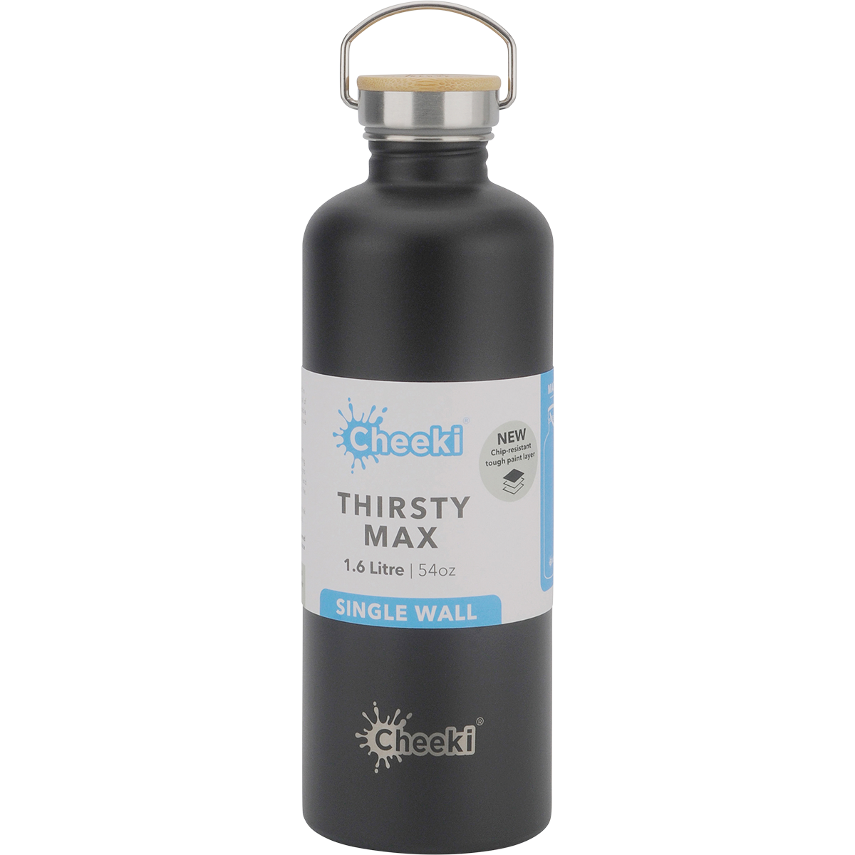 Matte black 1.6L Cheeki Thirsty Max stainless steel water bottle with a silver base and carry handle.