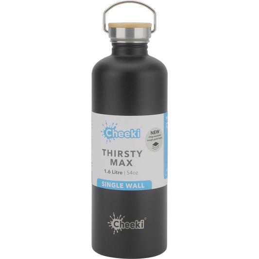 Matte black 1.6L Cheeki Thirsty Max stainless steel water bottle with a silver base and carry handle.