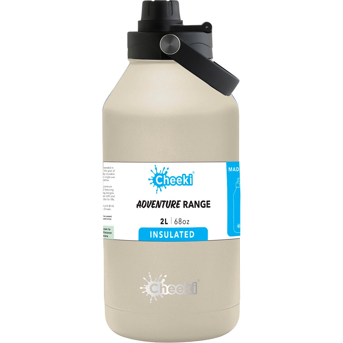 2L Sandstone Cheeki insulated stainless steel adventure bottle with a black lid and carry handle on a white background.