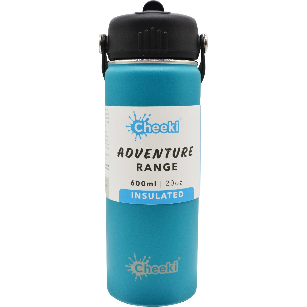 Aqua-colored 600ml Cheeki Adventure insulated stainless steel water bottle with a black straw lid and carry handle.