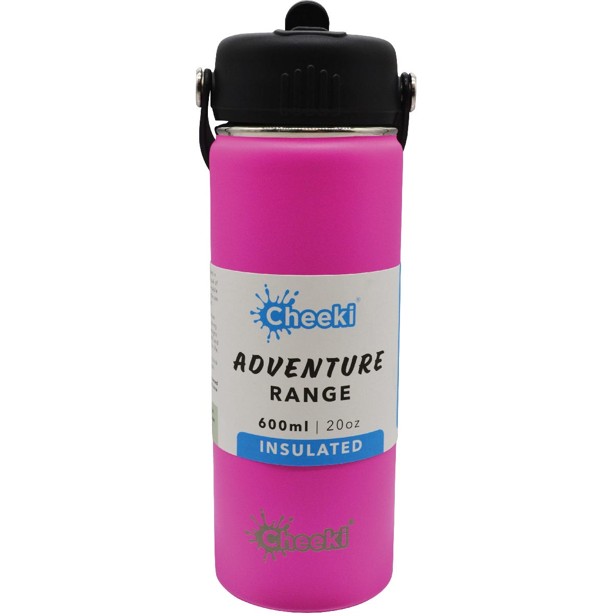 Magenta 600ml Cheeki Adventure insulated stainless steel water bottle with a black leakproof straw lid and carry handle.