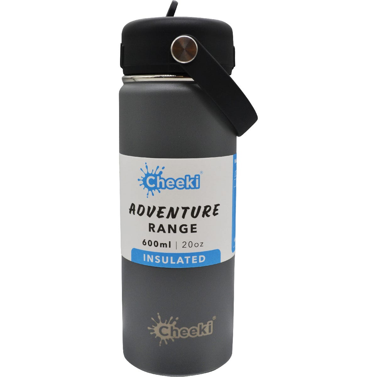 Slate grey 600ml Cheeki insulated stainless steel adventure bottle with a black straw lid and carry handle.