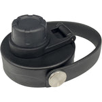 Black Cheeki Adventure Bottle Lid with a stainless steel hinge and a soft rubber carry handle on a white background.
