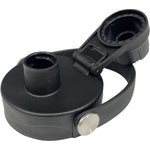 Side view of a black Cheeki Adventure Bottle Lid with a stainless steel hinge and soft rubber carry handle.