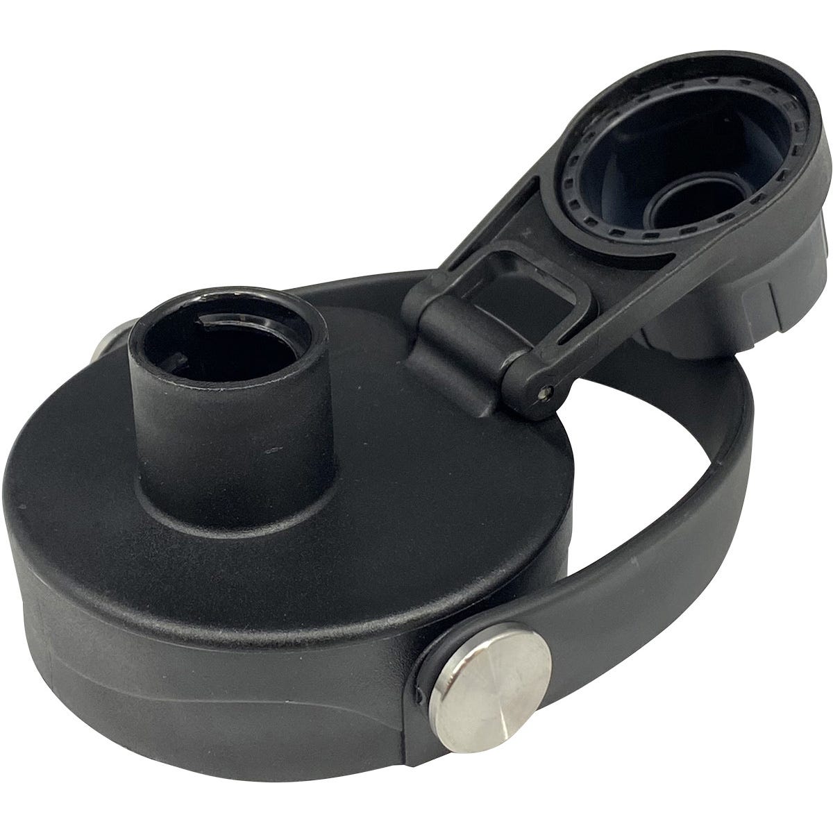 Side view of a black Cheeki Adventure Bottle Lid with a stainless steel hinge and soft rubber carry handle.