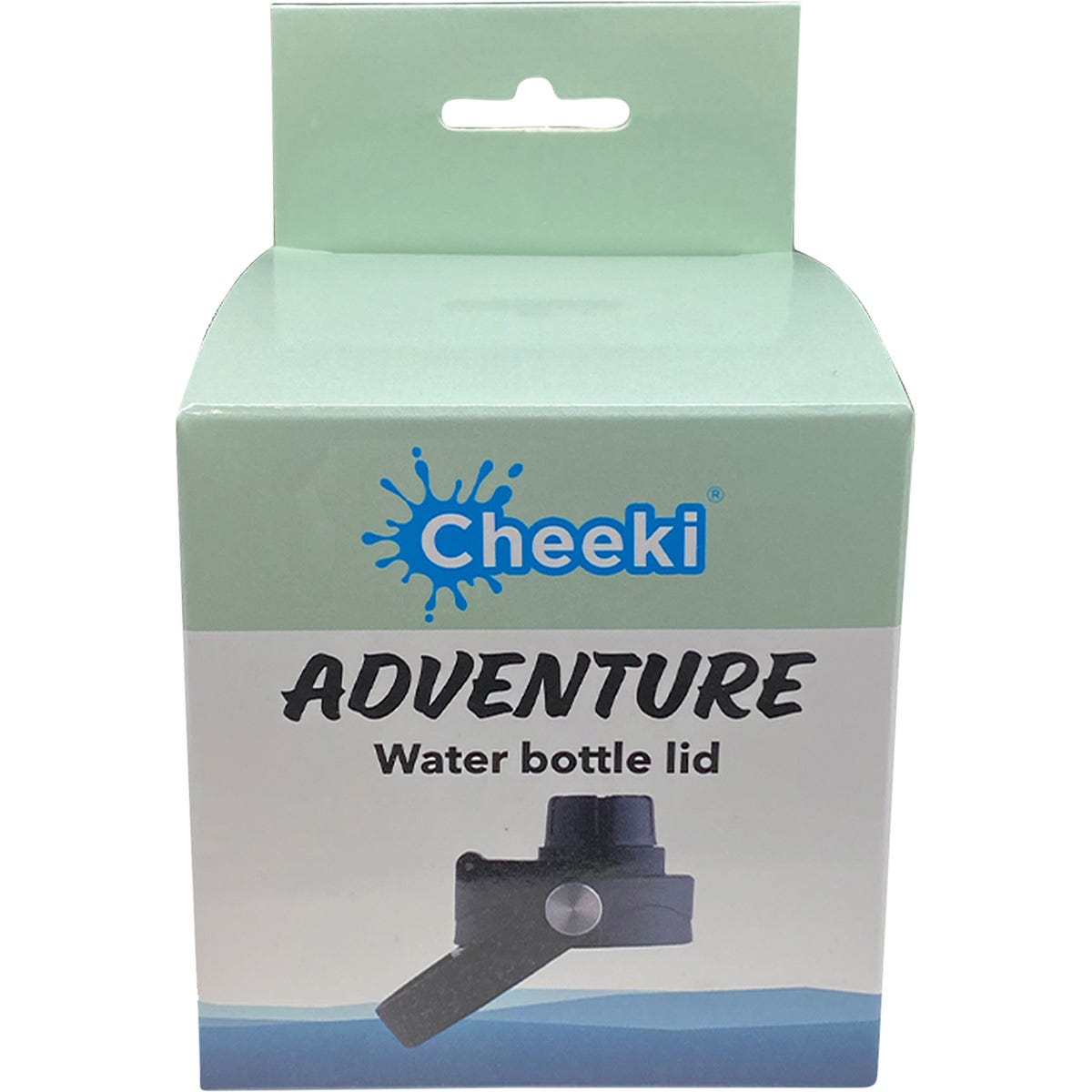Retail packaging for a Cheeki Adventure Bottle Lid featuring a white box with black and blue text and graphics.