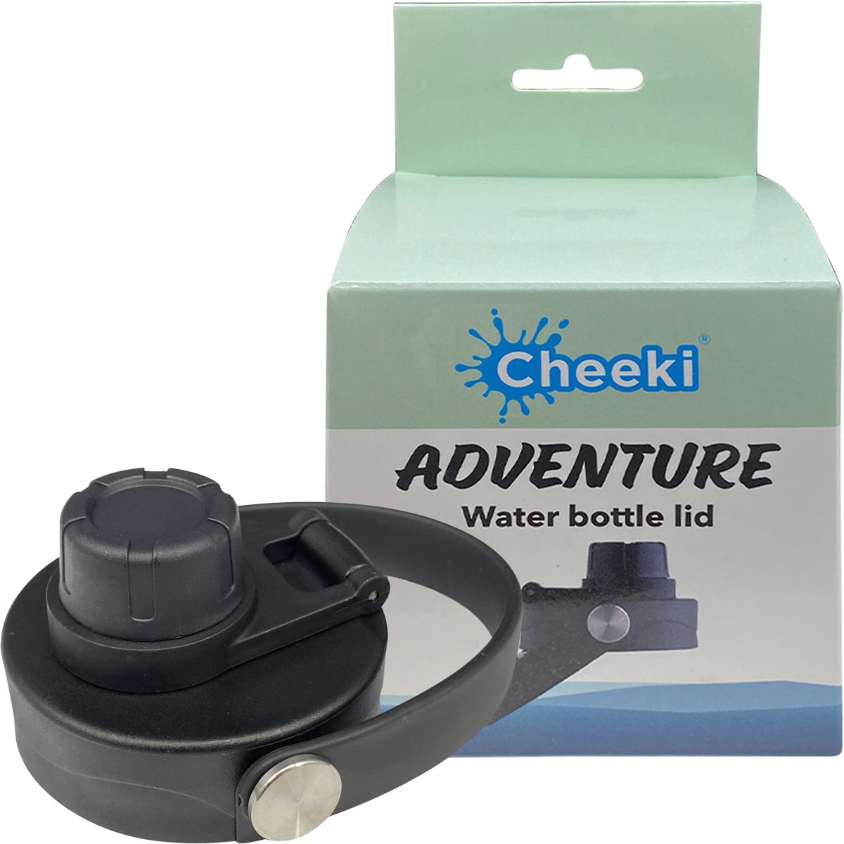 Insulated Cheeki Adventure Bottle Lid with a black body, stainless steel hinge, and a soft rubber carry handle.