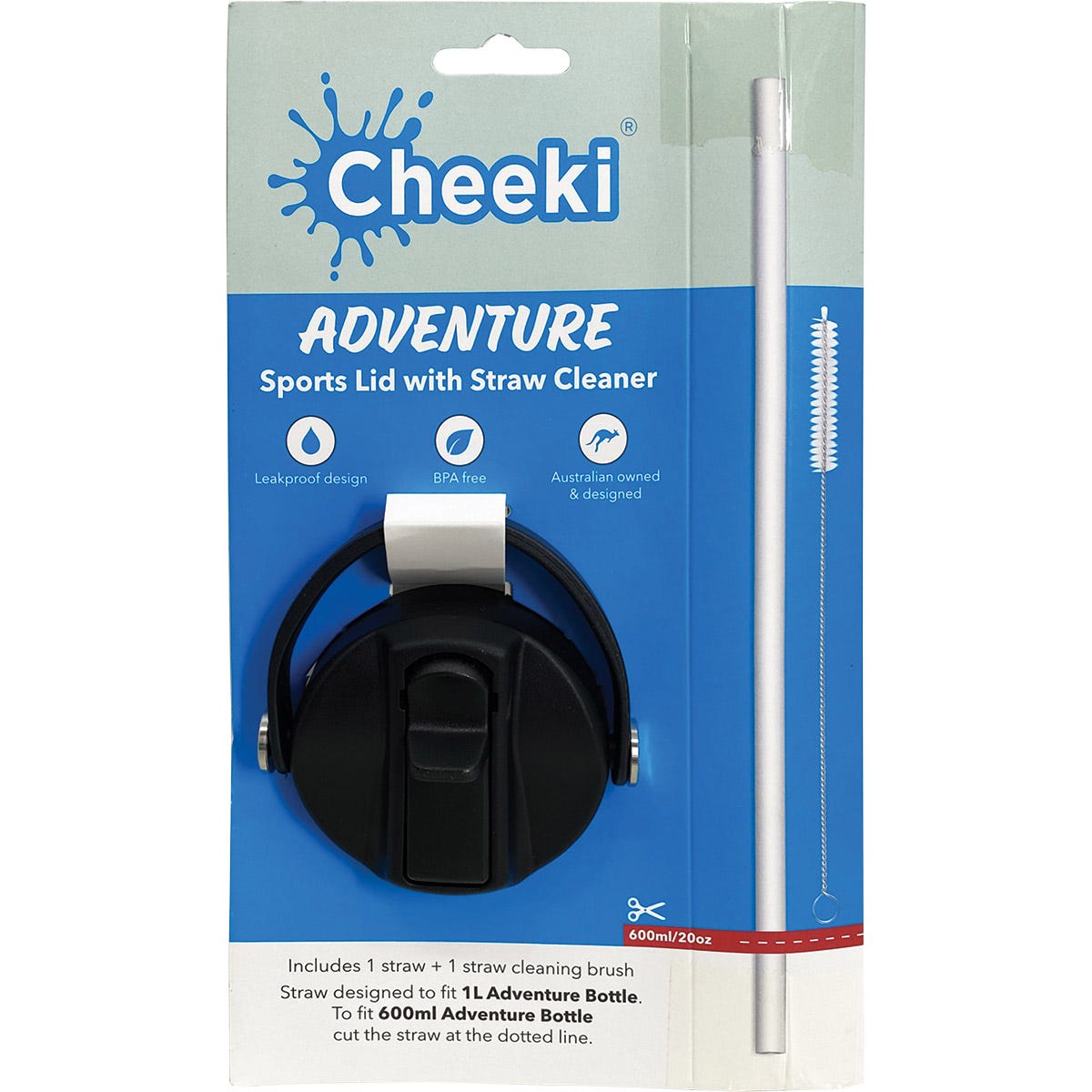 Black Cheeki Adventure Sports Lid with a sipping straw, a flexible carry handle, and a thin wire straw cleaning brush.