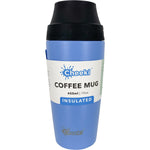 Blue 450ml Cheeki insulated coffee mug in Surf with a leakproof pop-up lid and a tapered stainless steel base.