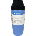 Blue 450ml Cheeki insulated coffee mug in Surf with a leakproof pop-up lid, shown from a left-side angle.