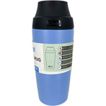 Right-side view of a blue 450ml Cheeki insulated coffee mug in Surf with a leakproof pop-up lid.