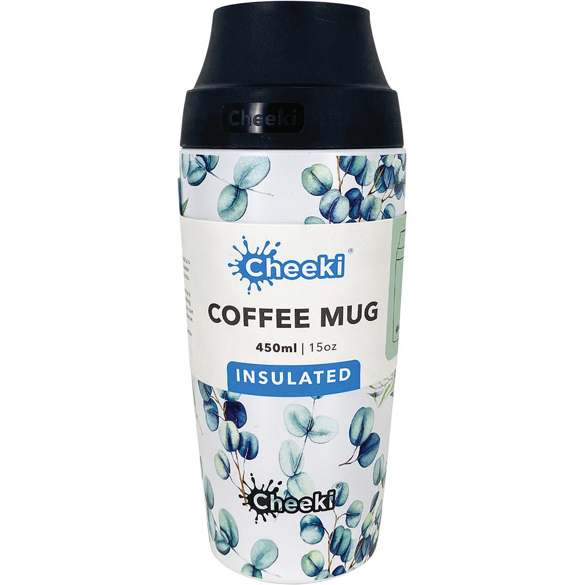 450ml Cheeki insulated coffee mug with a blue 3D watercolour design and black pop-up lid on a white background.