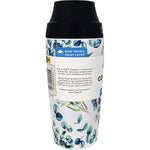 Blue and white 450ml Cheeki insulated coffee mug with a 3D watercolour design and black lid.