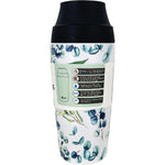 Right side of a Cheeki 450ml insulated coffee mug with a blue 3D watercolour design and black lid.