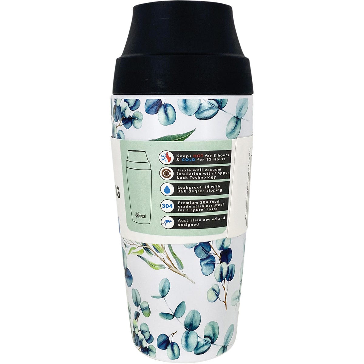 Right side of a Cheeki 450ml insulated coffee mug with a blue 3D watercolour design and black lid.