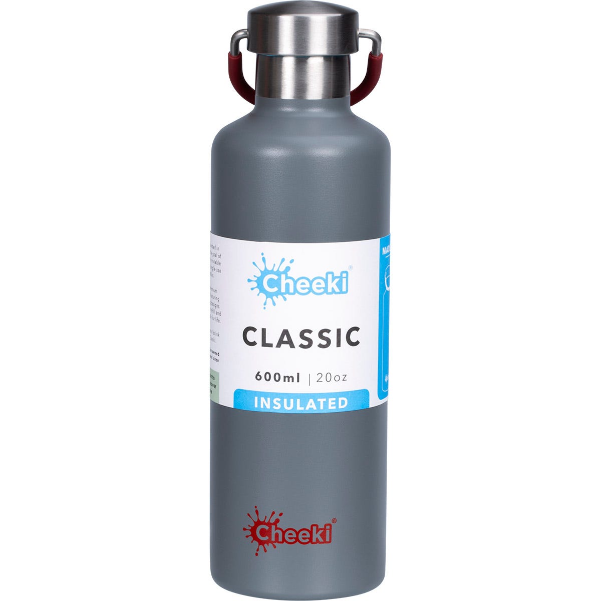 Slate grey 600ml Cheeki insulated stainless steel water bottle with a wide-mouth straw lid and carry handle.