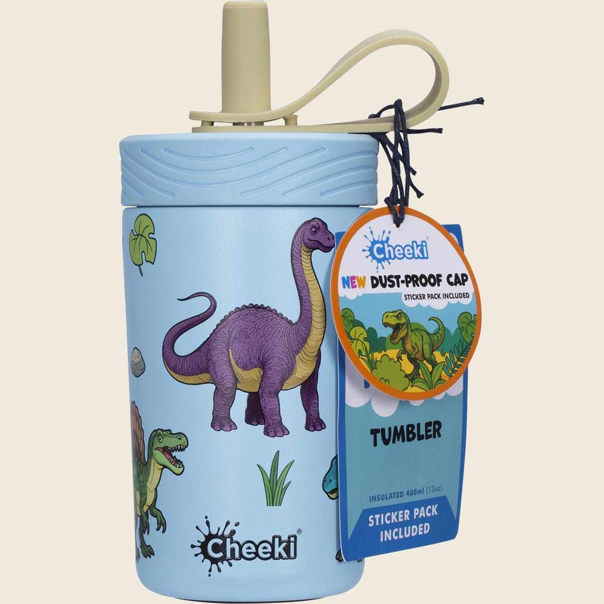 400ml Cheeki dinosaur-themed insulated kids tumbler with a green straw lid and soft rubber carry handle.