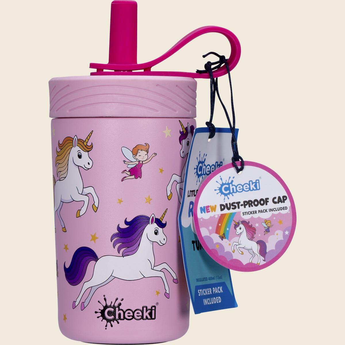Pink 400ml Cheeki insulated kids tumbler featuring a 3D unicorn design, sipping spout, and soft carry handle.