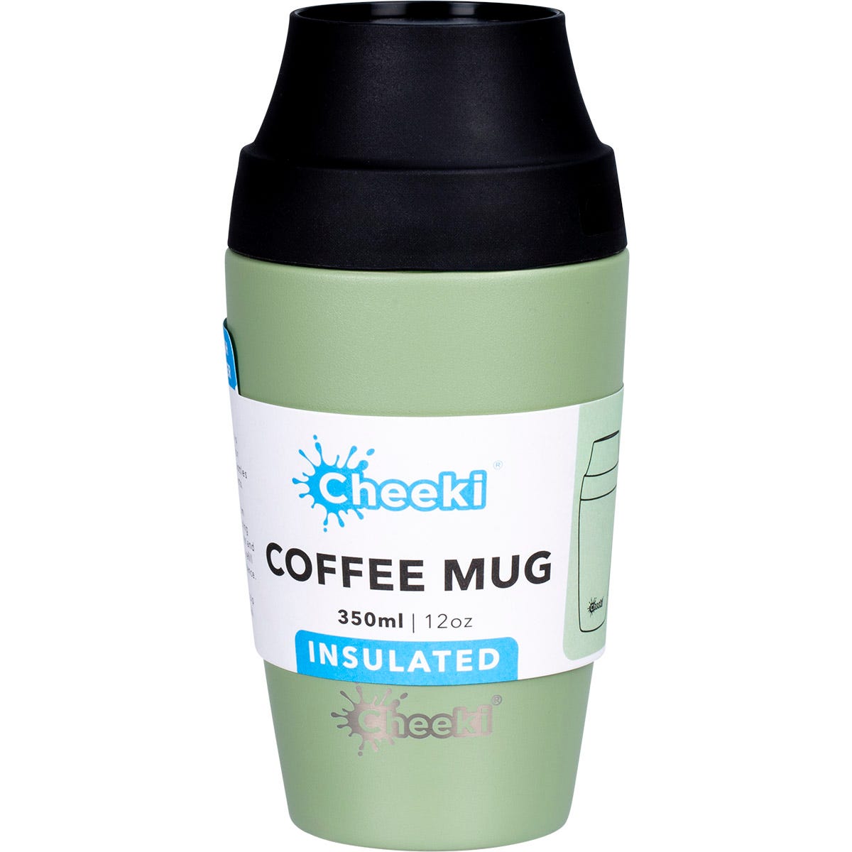 Evergreen 350ml Cheeki insulated coffee mug with a leakproof pop-up lid and a tapered stainless steel base.