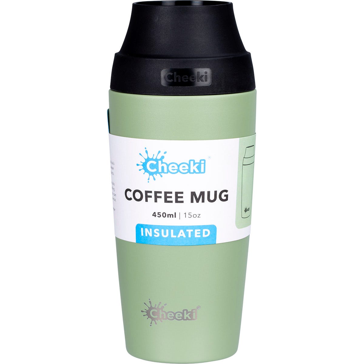 Evergreen 450ml Cheeki insulated coffee mug with a leakproof pop-up lid and tapered stainless steel base.