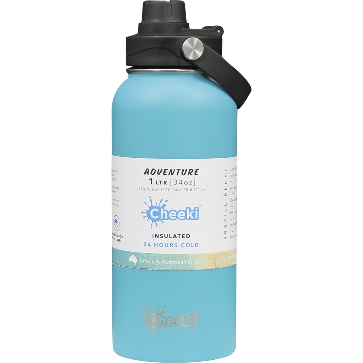 Aqua 1L Cheeki Insulated Adventure stainless steel bottle with a wide mouth and dual option sipping lid.
