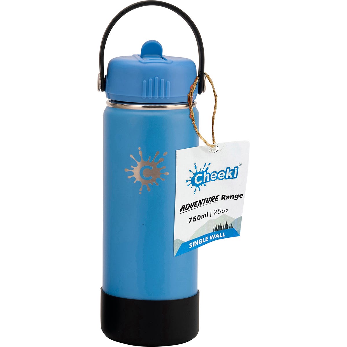 750ml Azure blue Cheeki stainless steel adventure water bottle with a wide-mouth design and a black straw lid.
