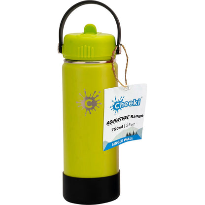 750ml lime green Cheeki Adventure stainless steel water bottle with a black straw lid and carry handle.