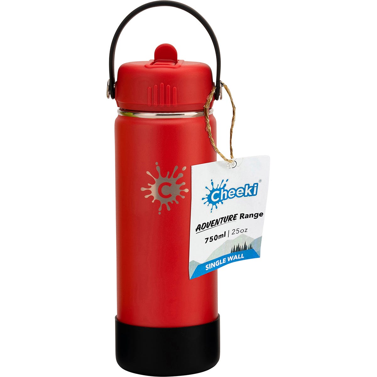 Ruby red 750ml Cheeki stainless steel water bottle with a wide mouth and a black straw lid on a white background.