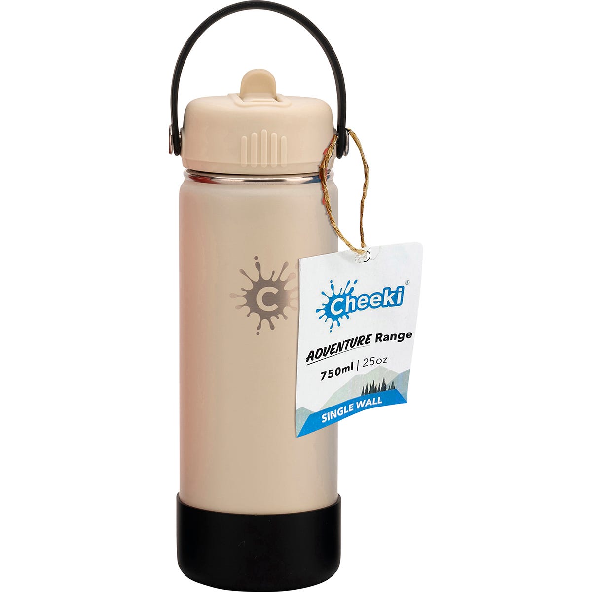 Sandstone 750ml Cheeki Adventure stainless steel water bottle with a wide mouth, straw lid, and carry handle.