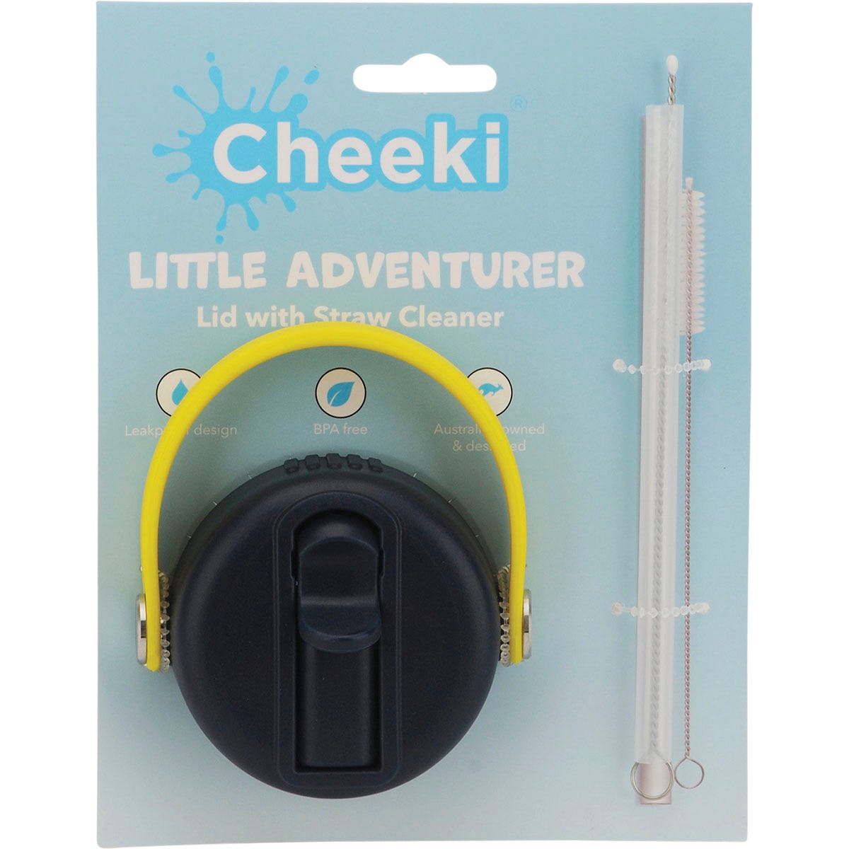 Blue and black Cheeki Kids replacement lid with a flip-up spout and integrated carry loop for water bottles.