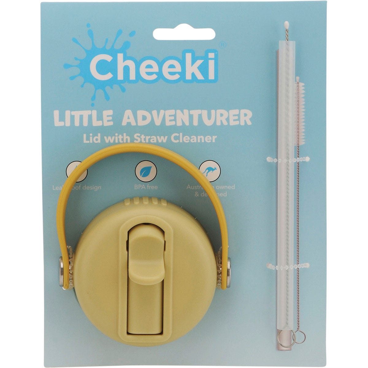 Replacement lid for Cheeki kids water bottles featuring a green dinosaur design and integrated carry handle.