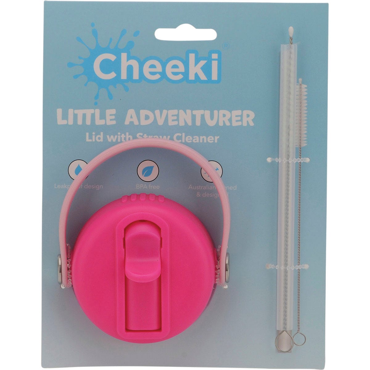 Pink and blue Cheeki Kids replacement bottle lid with a straw and a whimsical fairy and mushroom design.