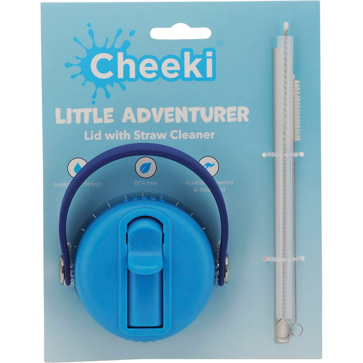 Blue Cheeki Kids bottle replacement lid featuring a white shark pattern, a flip-top spout, and a carry handle.