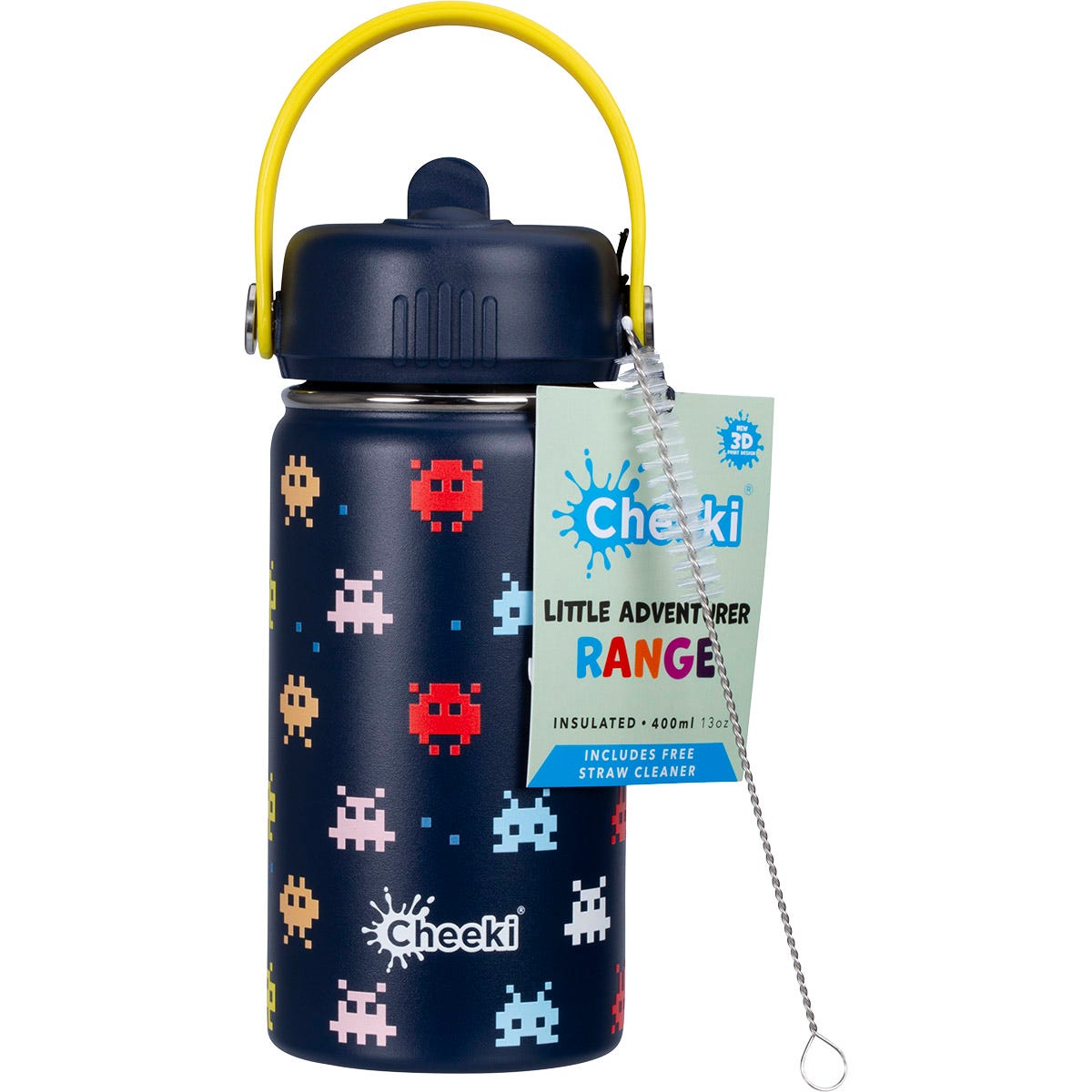 Navy blue 400ml Cheeki Kids insulated water bottle with arcade-themed 3D designs, a straw lid, and a soft carry handle.