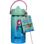 Cheeki 400ml mermaid-themed insulated kids water bottle in green with a blue straw lid and soft carry handle.