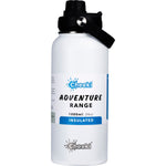 White 1L Cheeki Adventure insulated stainless steel water bottle with a black dual-option sipping lid and carry handle.