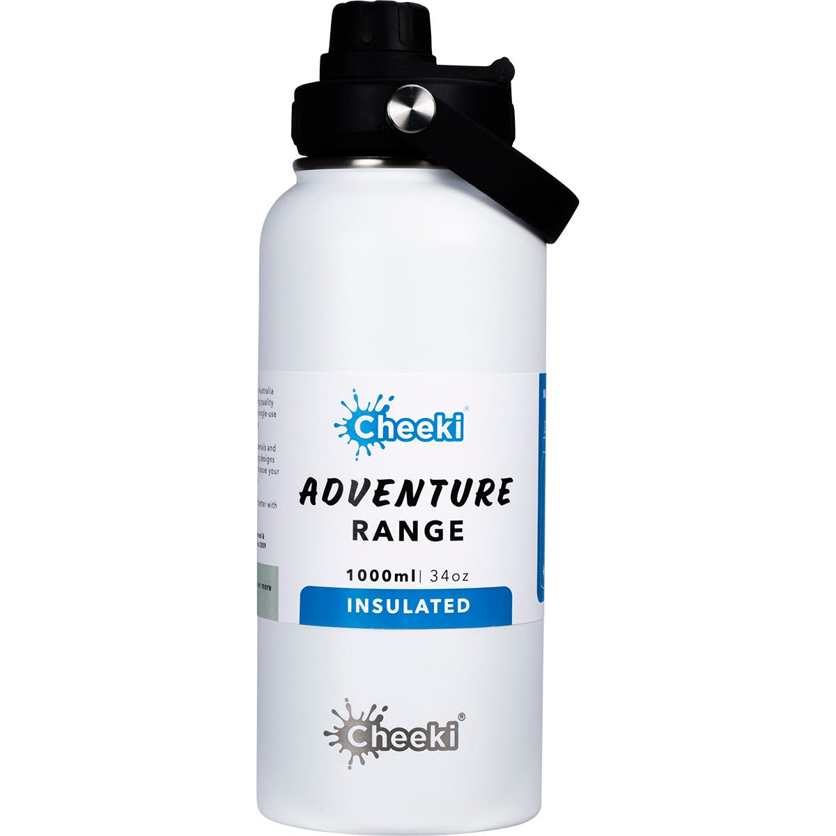 White 1L Cheeki Adventure insulated stainless steel water bottle with a black dual-option sipping lid and carry handle.