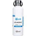White 600ml Cheeki insulated stainless steel water bottle with a silver screw-top lid and carry handle.