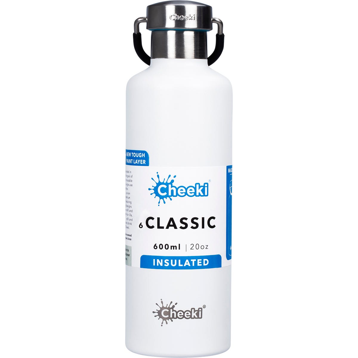 White 600ml Cheeki insulated stainless steel water bottle with a silver screw-top lid and carry handle.