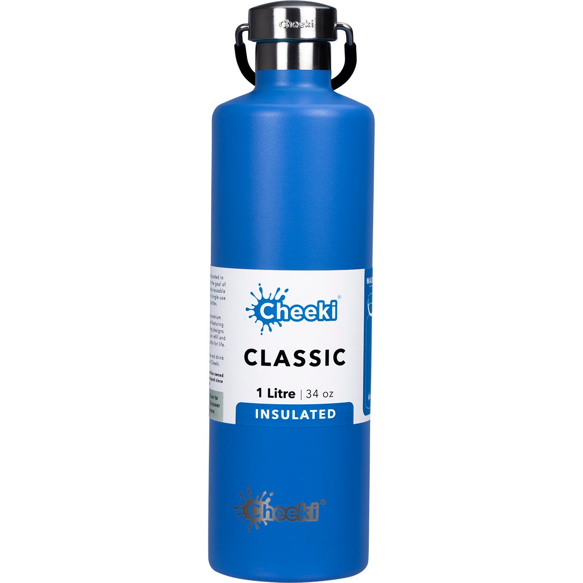 Azure blue 1L Cheeki insulated stainless steel water bottle with a silver screw-top lid and a black carry handle.