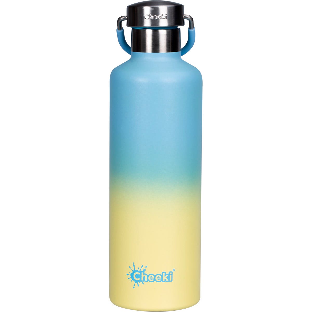 Sunrise orange 600ml Cheeki insulated stainless steel water bottle with a silver screw-top lid and carry handle.