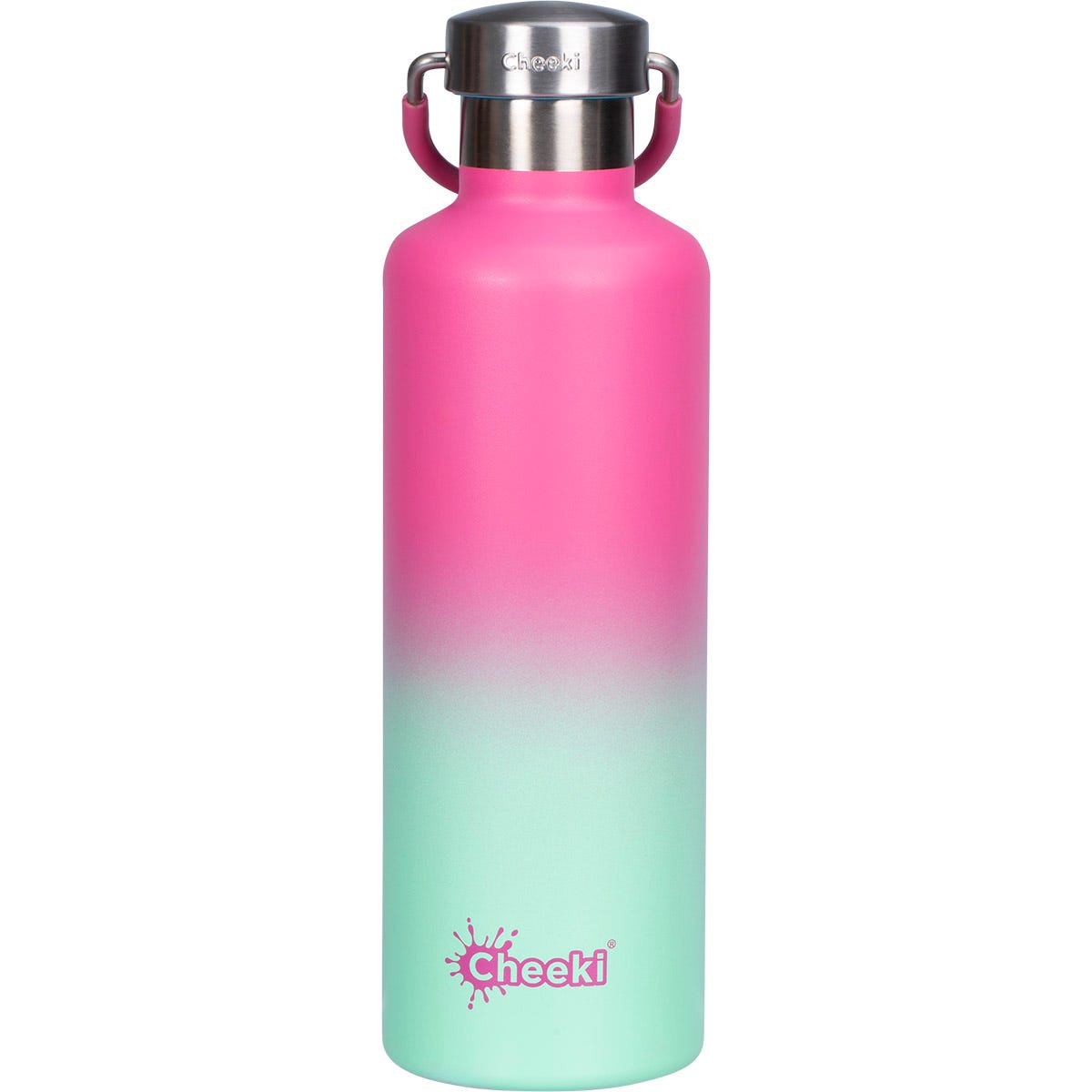 Watermelon pink 600ml Cheeki insulated stainless steel water bottle with a silver screw-top lid and a carry handle.