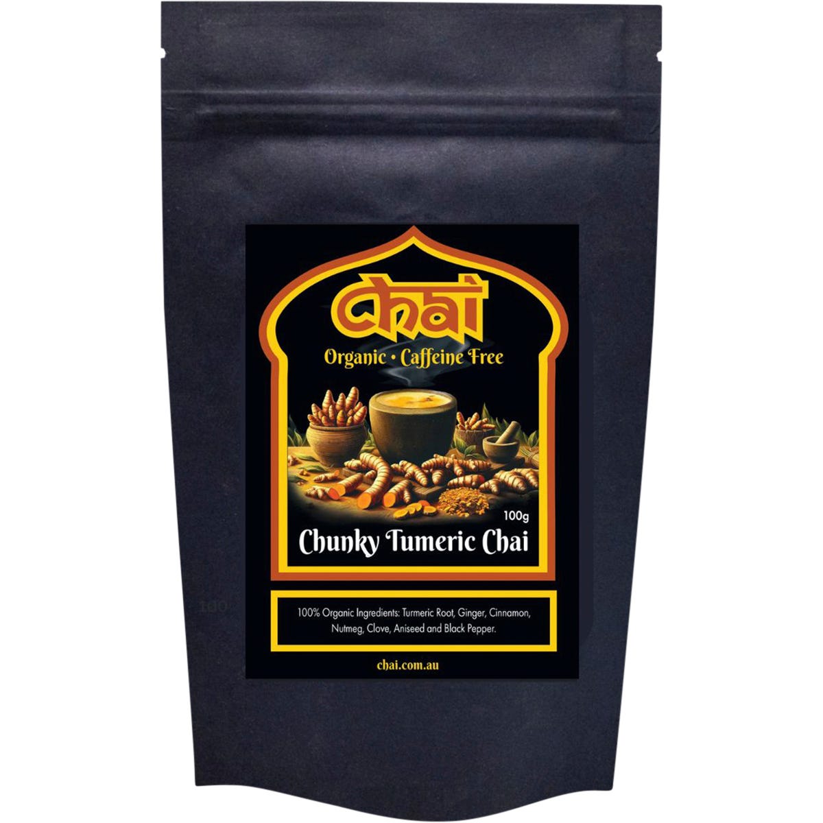 100g pack of Chai Tea Organic Chunky Turmeric Chai with various organic spices on a white background.
