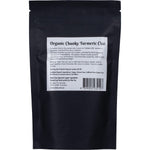 Back of a 100g Organic Chunky Turmeric Chai pack with nutrition facts and directions on a white background.