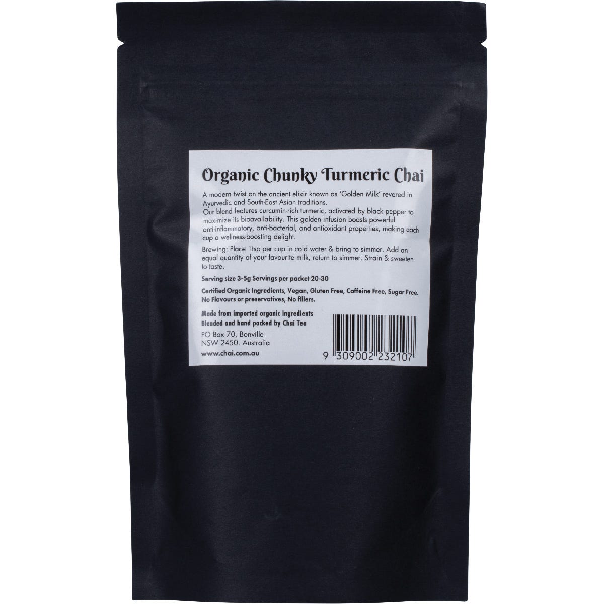Back of a 100g Organic Chunky Turmeric Chai pack with nutrition facts and directions on a white background.
